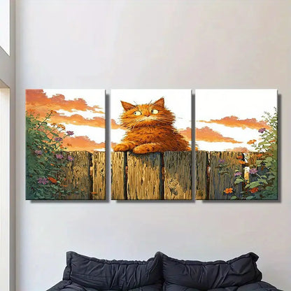 3pcs Orange Cat Sitting On Wooden Fence Metal Print Ready to Hang Art