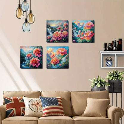 4pcs  Pink Peonies Waterfall & Mountain  PW Wall Art Canvas Framed