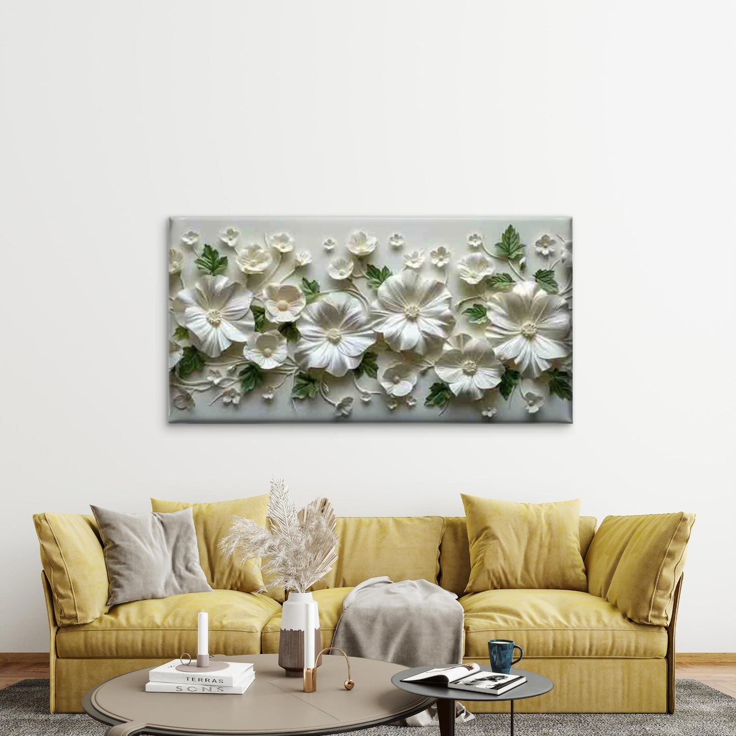 White Floral Arrangement Wall Art Canvas Office Home Room Framed 120x60cm