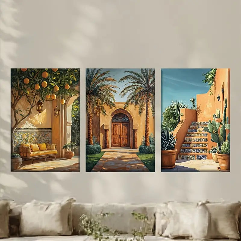 3pcs Vibrant Palm Tree & Terracotta Metal Print Ready to Hang Art
