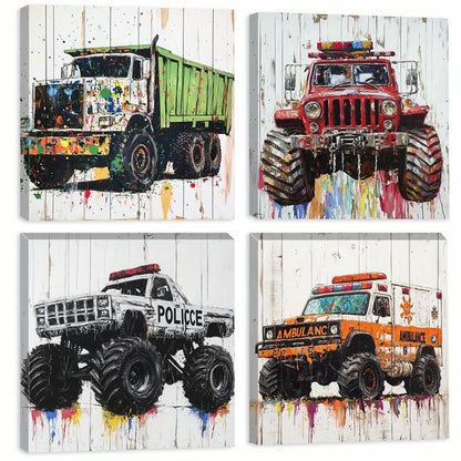 4pcs Wood Graffiti Truck Square  Wall Art Canvas Framed