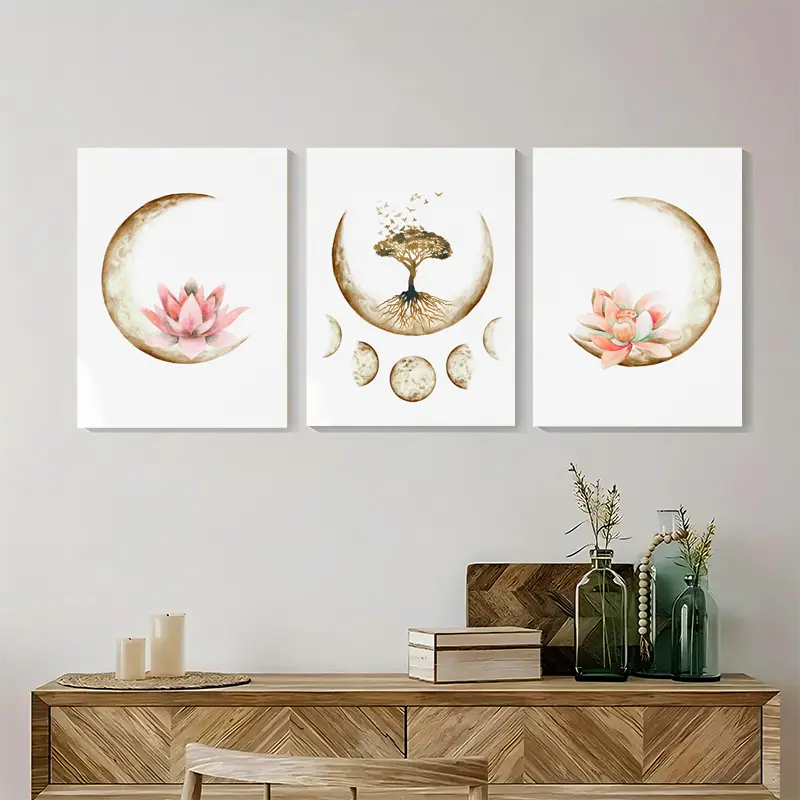 3pcs Boho Moon Tree Of Life Artwork, Metal Print Ready to Hang Art - Bella Home Decor