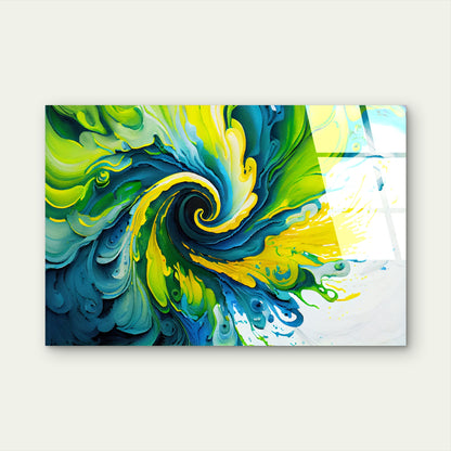 Green Yellow Teal Fluid Swirl Acrylic Glass Printing Wall Art Australian Made Quality