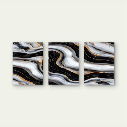 3pcs Marble Surface With Black Gold Swirl Metal Print Ready to Hang Art