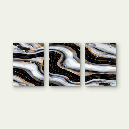 3pcs Marble Surface With Black Gold Swirl Metal Print Ready to Hang Art