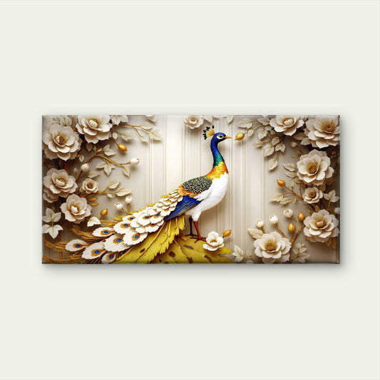 Gold Peacock Flower Wall Art Canvas Office Home Room Framed 120x60cm