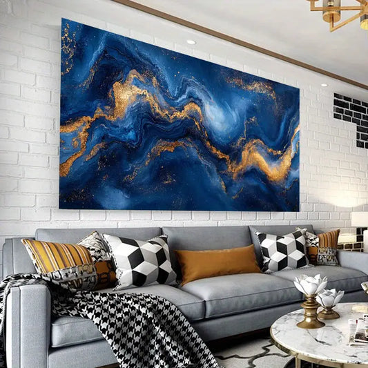 Abstract Golden Blue Fluid Design Wall Art wall canvas office home room framed 120x60cm