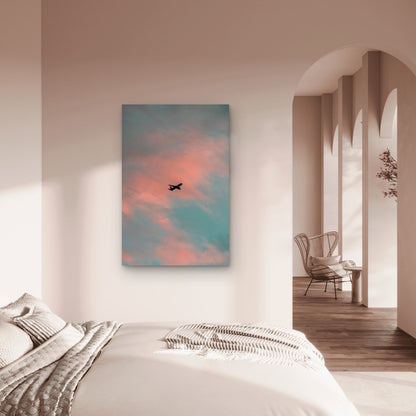 Silhouette Of An Airplane In Flight Against A Sky 60x90cm Metal Print Ready to Hang
