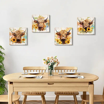 4pcs Farmhouse Highland Cow Wall Art Canvas Framed