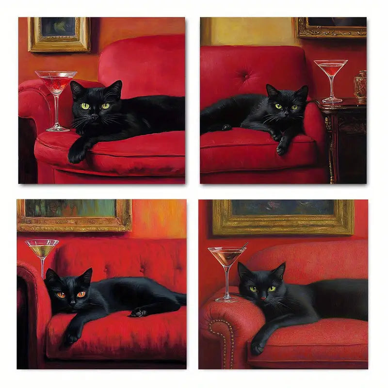 4pcs Black Cat Whimsical Cocktai Poster Wall Art Canvas Framed