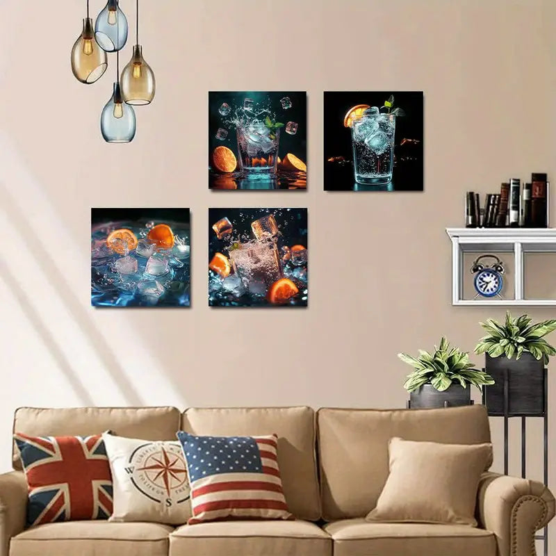 4pcs Painting Citrus Fruit Cocktail      Wall Art Canvas Framed