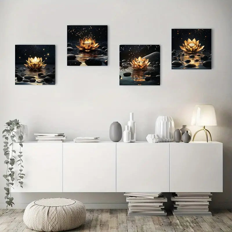 4pcs  Nighttime Lotus Flower Decor    BL Wall Art Canvas Framed