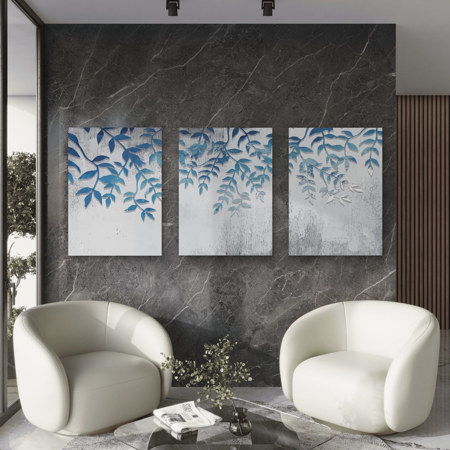 3pcs Blue Botanical Watercolor Leaf Wall Art Set Canvas Framed 40x60cm - High Quality Print 100% Australian Made Wall Canvas Ready to Hang