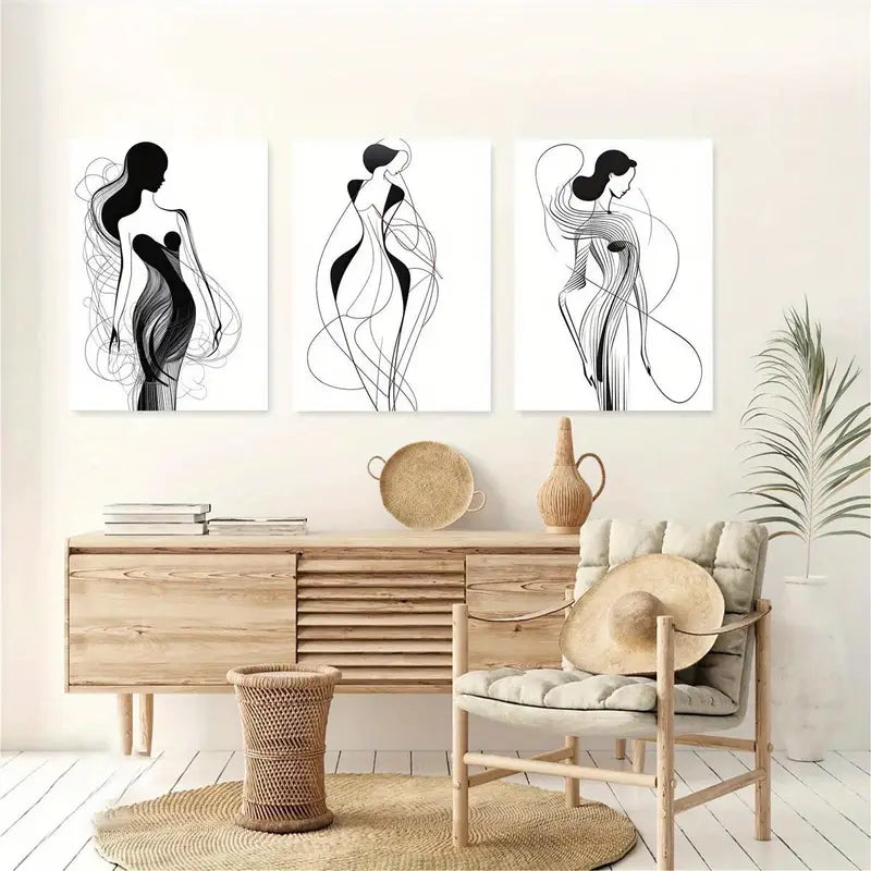 3pcs Abstract Black And White Line Art  Metal Print Ready to Hang Art - Bella Home Decor