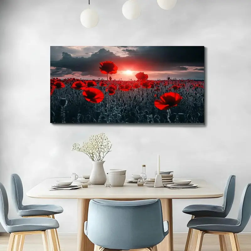 Red Field Poppies Sunset Wall Art canvas office home room framed 120x60cm - Bella Home Decor