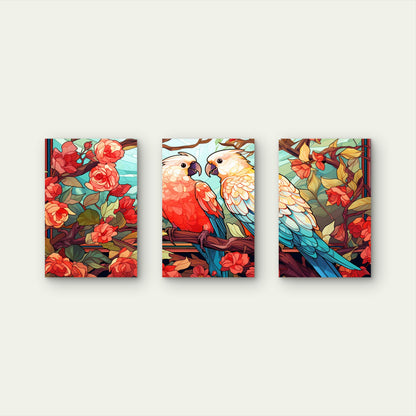 3pcs Stained Glass Parrots Rose Bush Floral Metal Print Ready to Hang Art