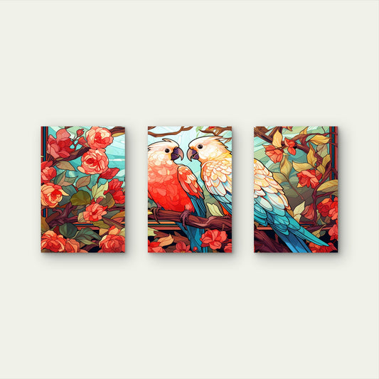 3pcs Stained Glass Parrots Rose Bush Floral Metal Print Ready to Hang Art