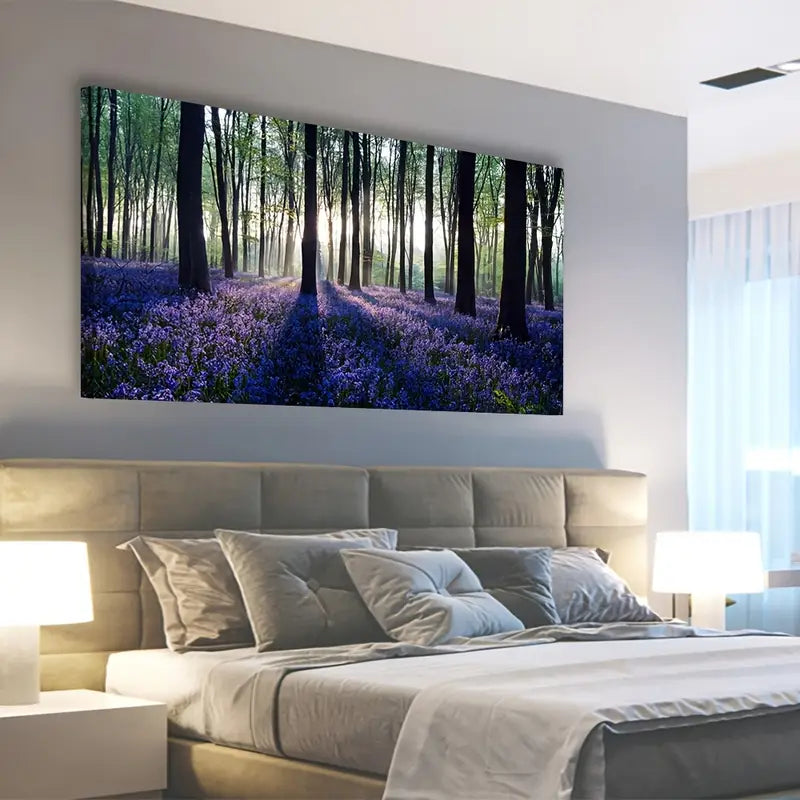 Purple Lavender Forest Vibrant Nature Sunlit Trees & Lush Foliage Wall Art canvas office home room framed 120x60cm - Bella Home Decor