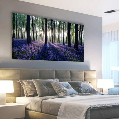 Purple Lavender Forest Vibrant Nature Sunlit Trees & Lush Foliage Wall Art canvas office home room framed 120x60cm - Bella Home Decor