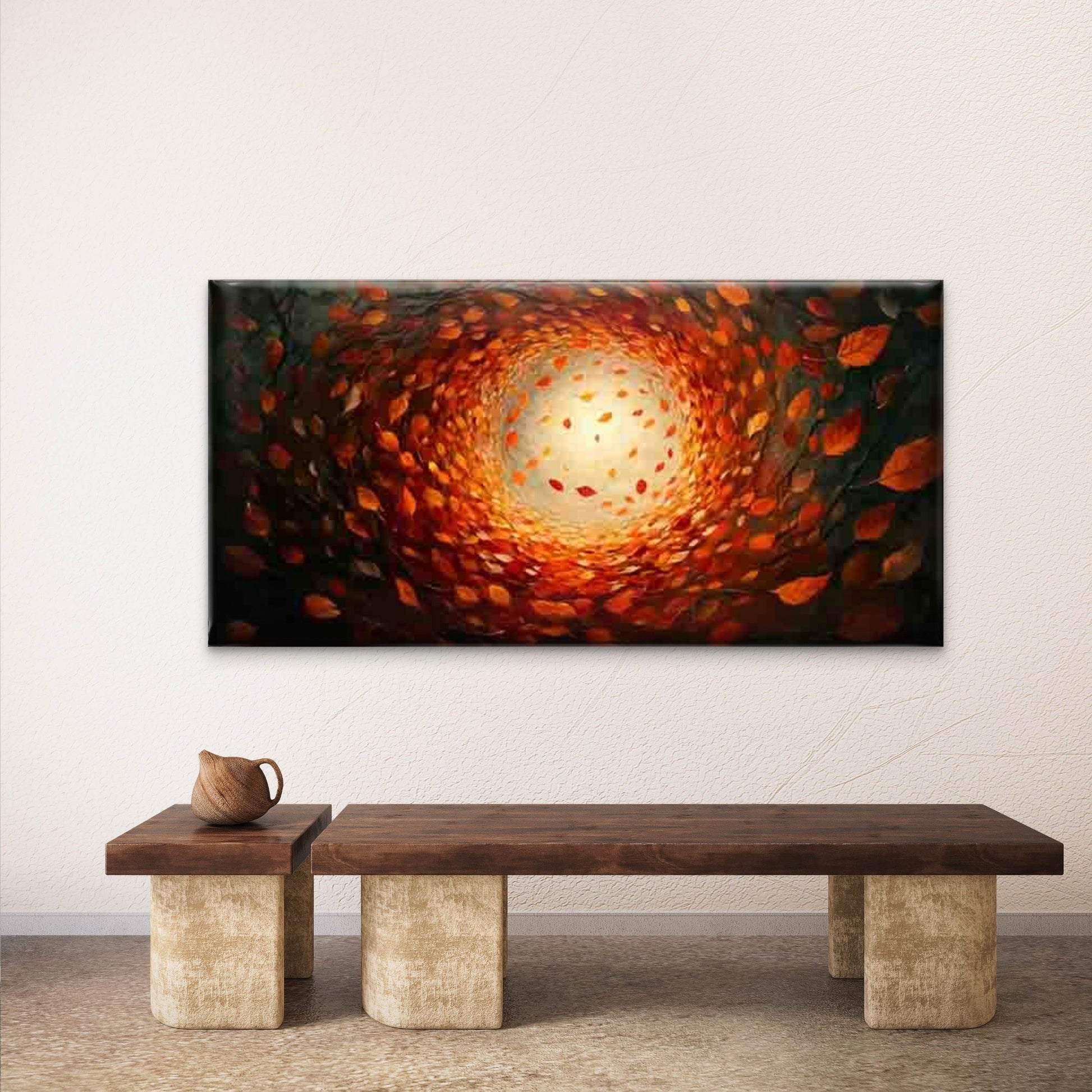 Autumn Leaves in a Spiral Wall Art Canvas Office Home Room Framed 120x60cm - Bella Home Decor