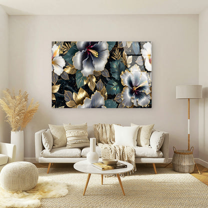 Dark Luxury Gold Hibiscus Floral Rose  Acrylic Glass Printing Wall Art Australian Made Quality