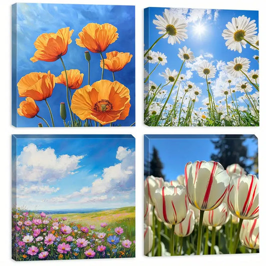 4pcs Vivid Flowers  Spring Scenery   VF   Wall Art Canvas Framed