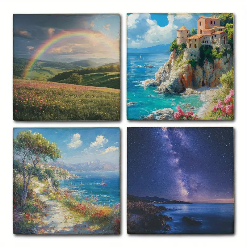 4pcs Funny Day Casstle And River View Wall Art Canvas Framed