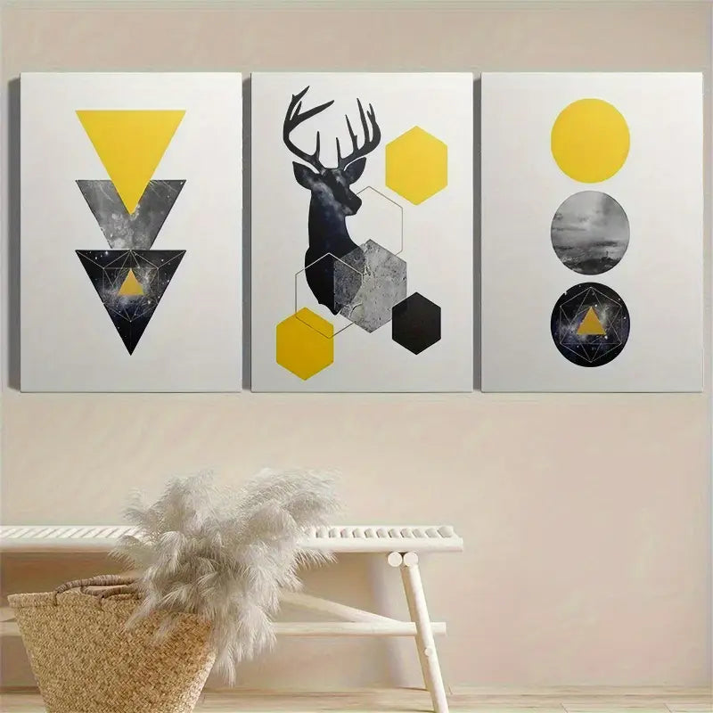 3pcs Deer And Graphic Prints, Metal Print Ready to Hang Art - Bella Home Decor