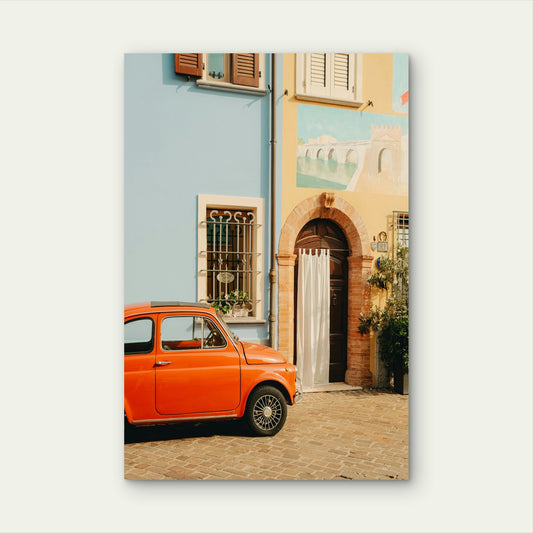 Classic Orange Fiat 500 Parked On A Cobblestone Street 60x90cm Metal Print Ready to Hang