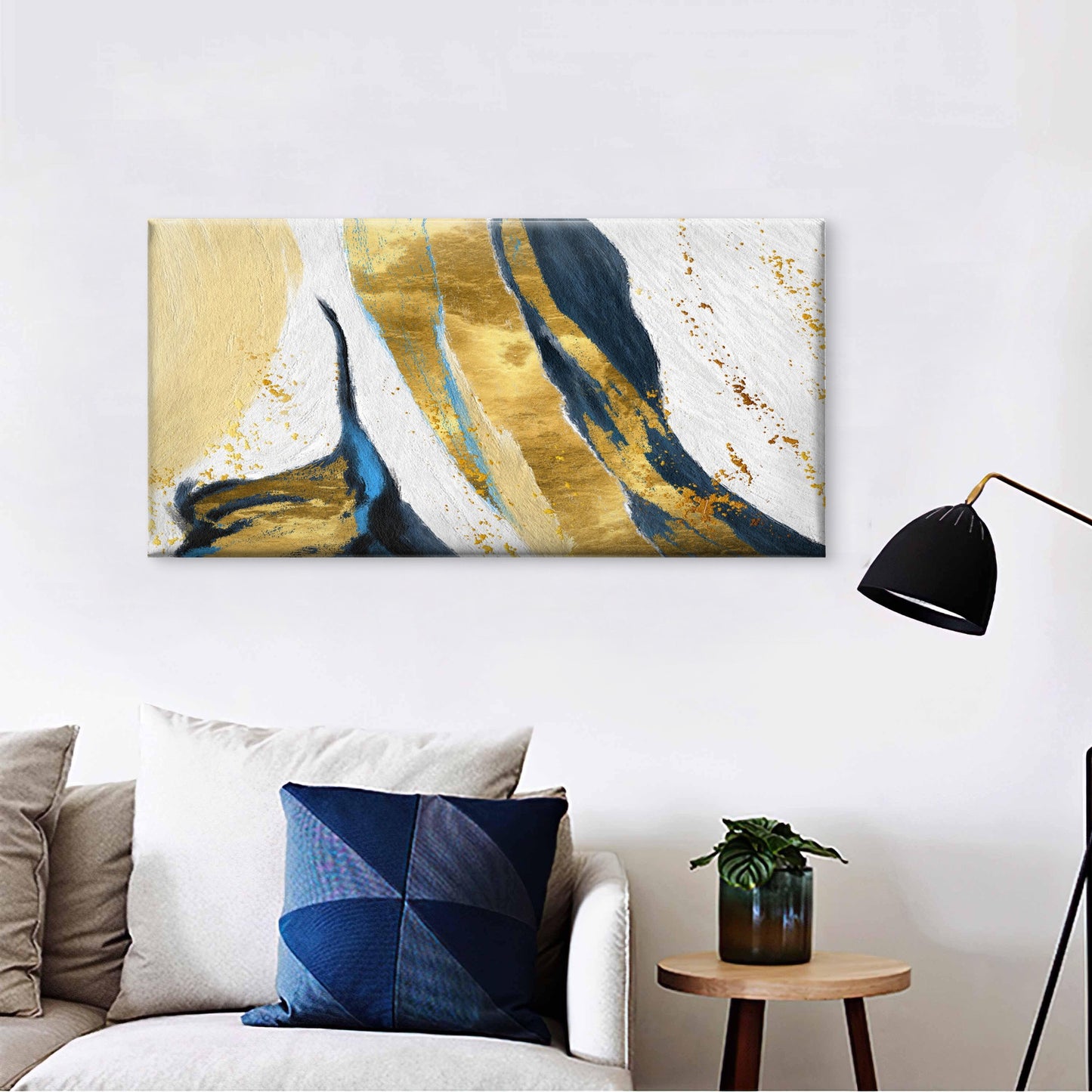 Abstract Blue And Gold Brushstrokes Wall Art Canvas Office Home Room Framed 120x60cm