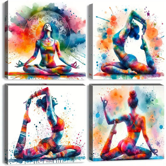 4pcs Watercolor Yoga Wall Art SportsWall Art Canvas Framed