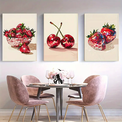 3pcs Disco Ball Strawberry And Cherry Metal Print Ready to Hang Art - Bella Home Decor