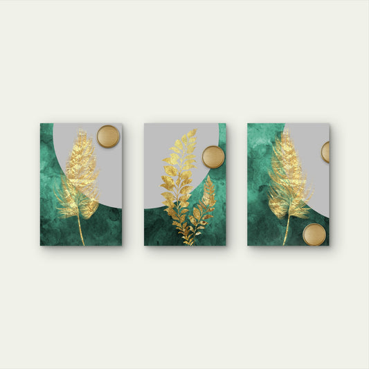 3pcs Abstract Emerald Green Gold Feather    Wall Art Set Canvas Framed 50x70cm - High Quality Print 100% Australian Made Wall Canvas Ready to Hang