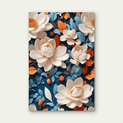White Floral Navy Blue Orange Leaves 40x60cm Metal Print Ready to Hang