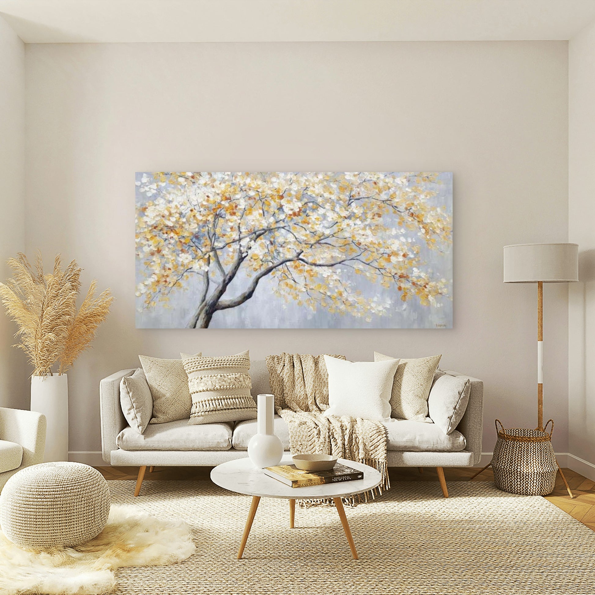 White Leaf Tree Painting Wall Art Canvas Office Home Room Framed 120x60cm - Bella Home Decor