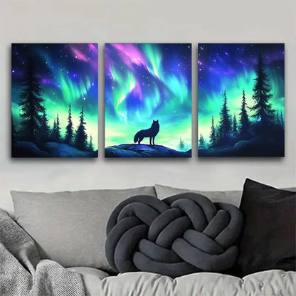 3pcs Wolf & Northern Lights Metal Print Ready to Hang Art
