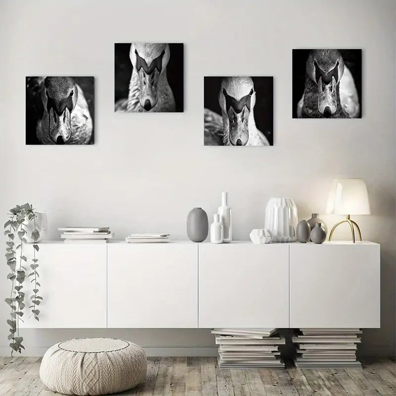 4pcs Swan Modern Black And White Wall Art Canvas Framed