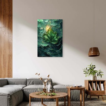 Digital Illustration of Green Leaf with Water Droplets 40x60cm Metal Print Ready to Hang