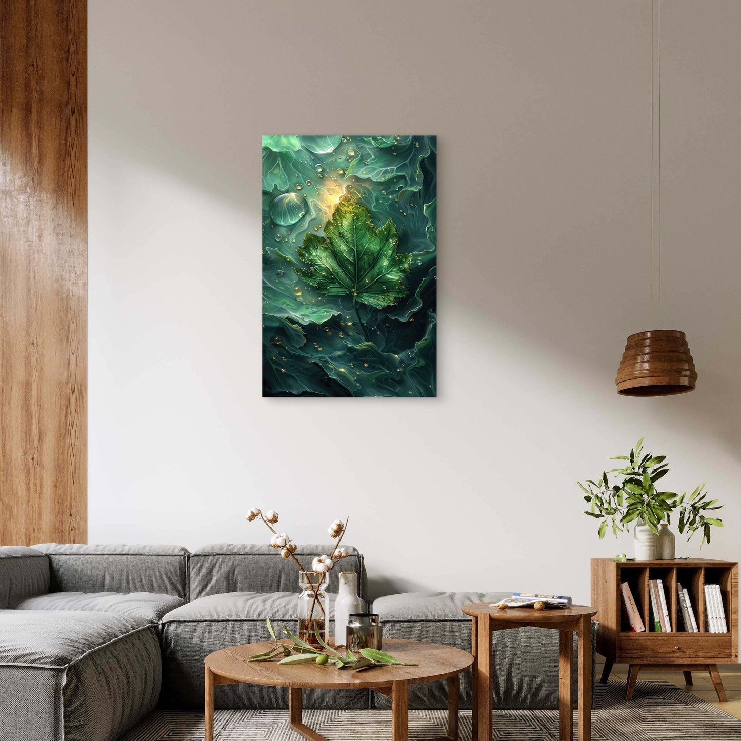 Digital Illustration of Green Leaf with Water Droplets 60x90cm Metal Print Ready to Hang