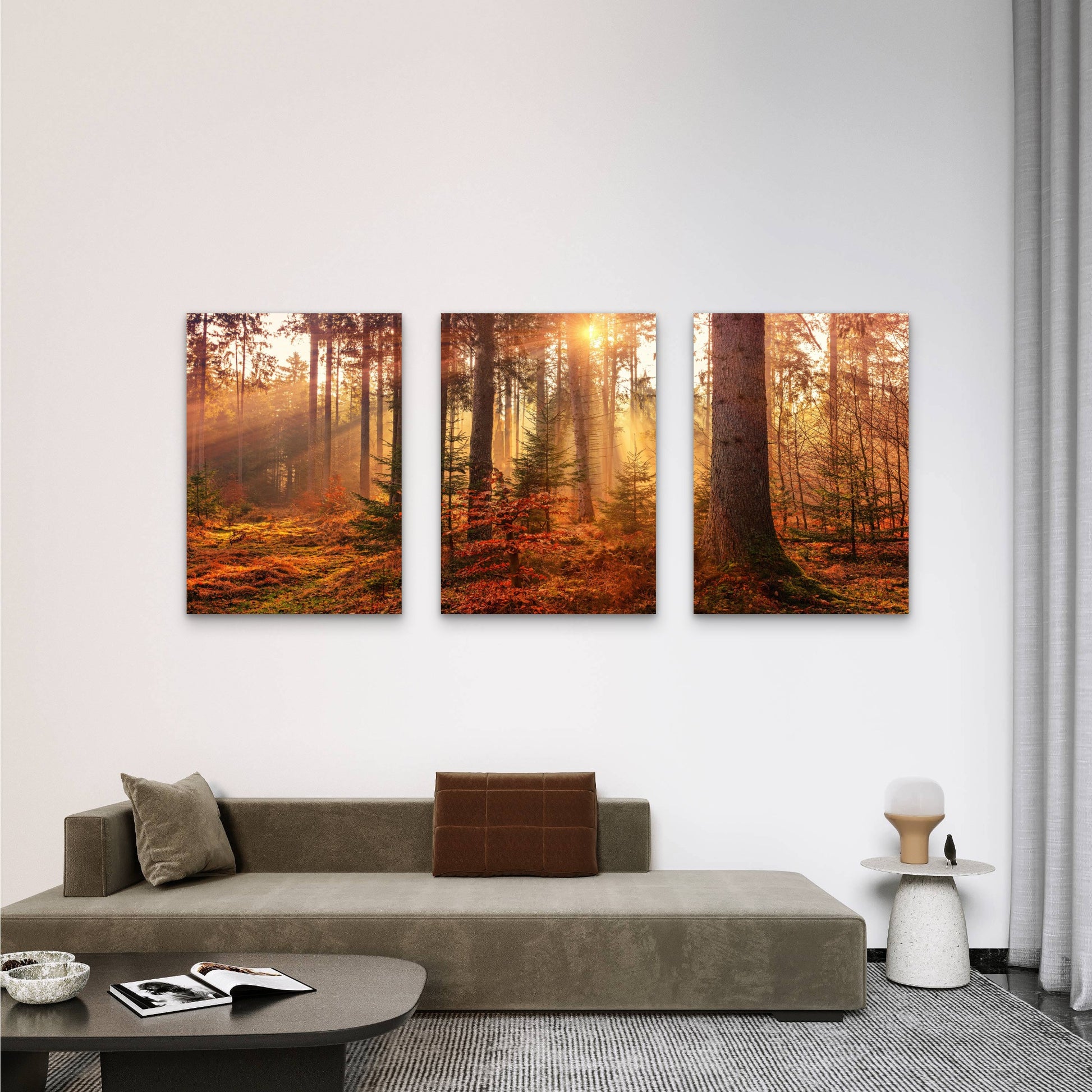 3pcs Autumn Forest Sunburst Orange Gold Tree Wall Art Set Canvas Framed 40x60cm - High Quality Print 100% Australian Made Wall Canvas Ready to Hang - Bella Home Decor