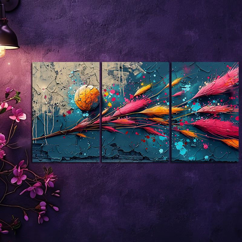 3pcs Stylized Reeds with a Circular Element Wall Art Set Canvas Framed 40x60cm - High Quality Print 100% Australian Made Wall Canvas Ready to Hang