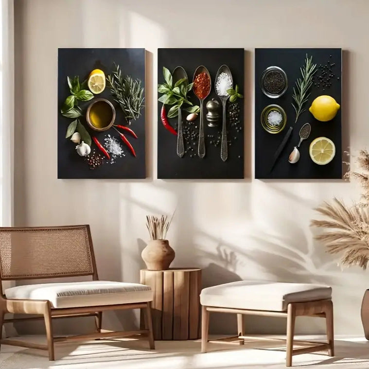 3pcs Herb & Spice Paintings With Cinnamon Metal Print Ready to Hang Art