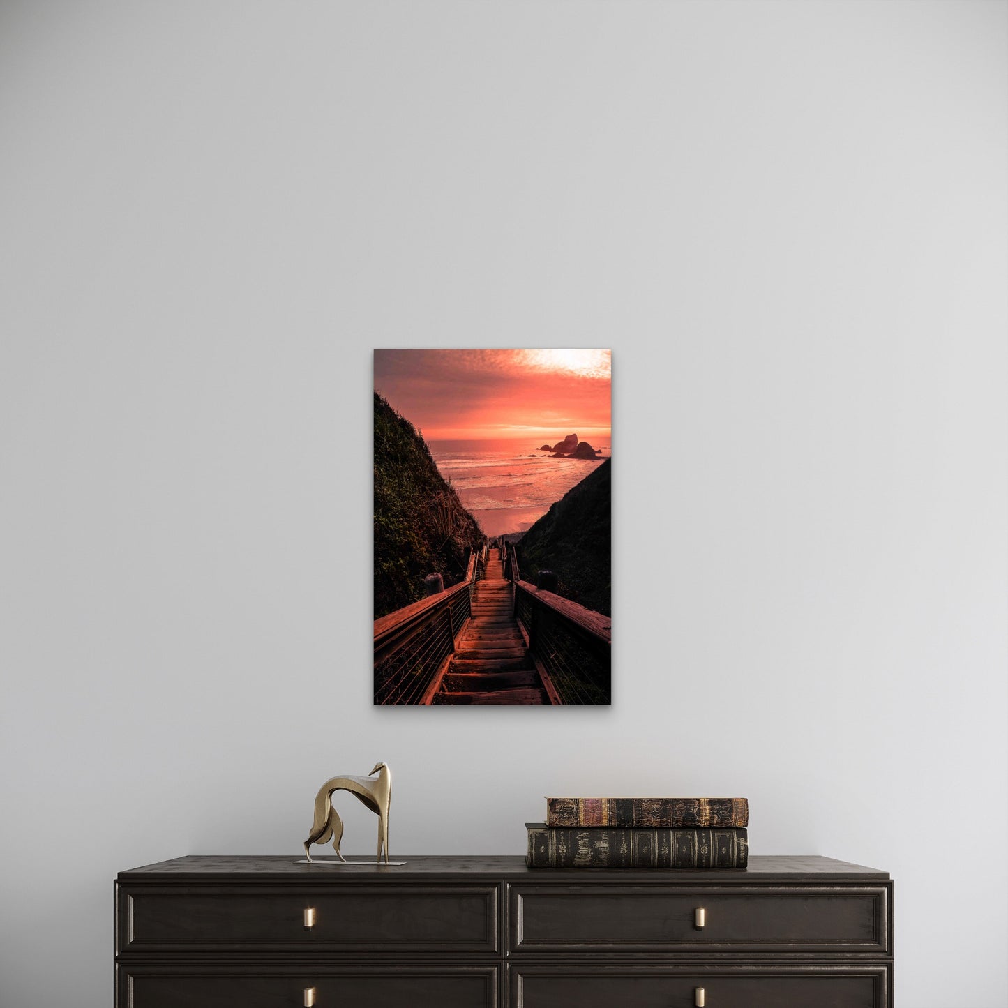 Wooden Bridge Beach During Sunset 60x90cm Metal Print Ready to Hang