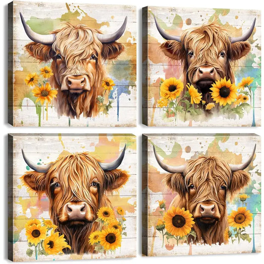 4pcs Farmhouse Highland Cow Wall Art Canvas Framed