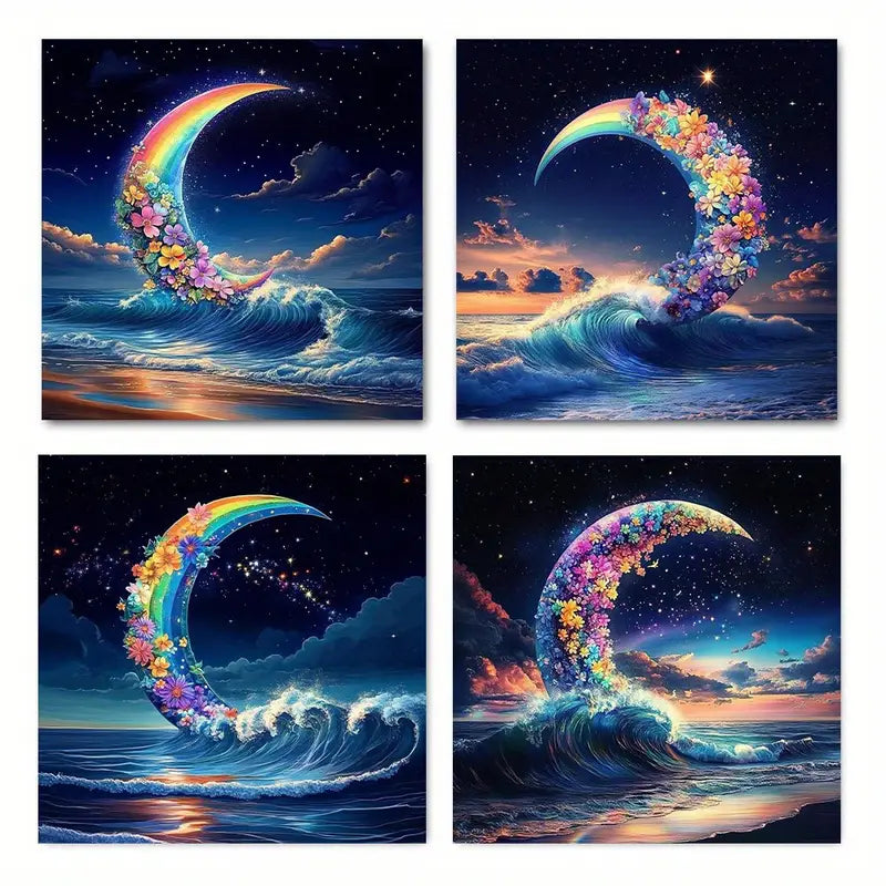 4pcs   Vibrant Rainbow & Floral Waves L     Wall Art Canvas Framed