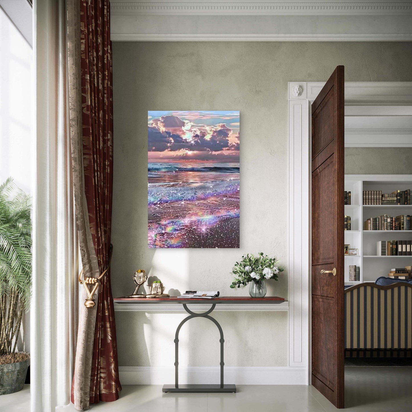 Beach Sunset with Shimmering Ocean Waves 60x90cm Metal Print Ready to Hang - Bella Home Decor
