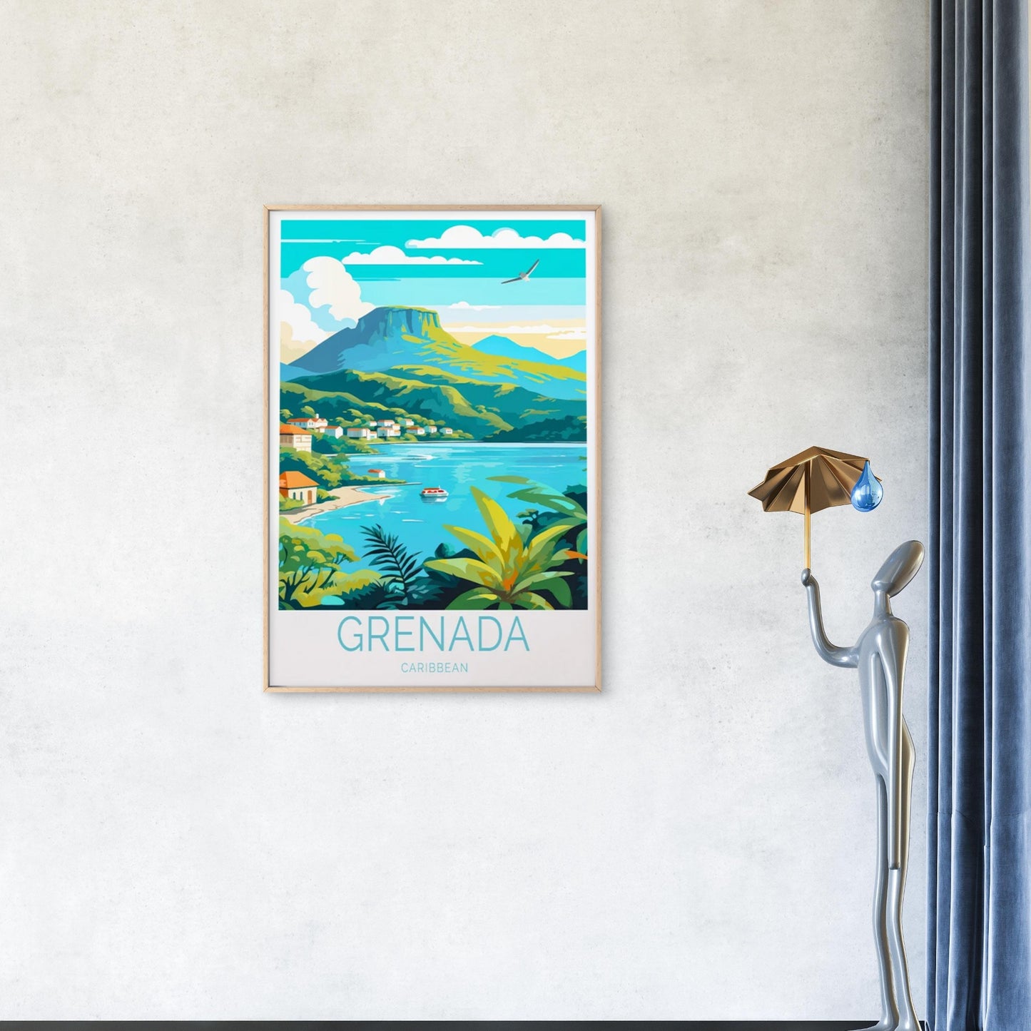 Grenada Caribbean, Beach and Mountains Travel Poster Print Wall Art