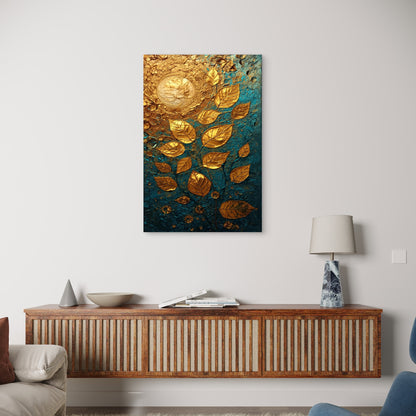Abstract Modern Luxury Gold Foil Leaf Teal Art 40x60cm Metal Print Ready to Hang