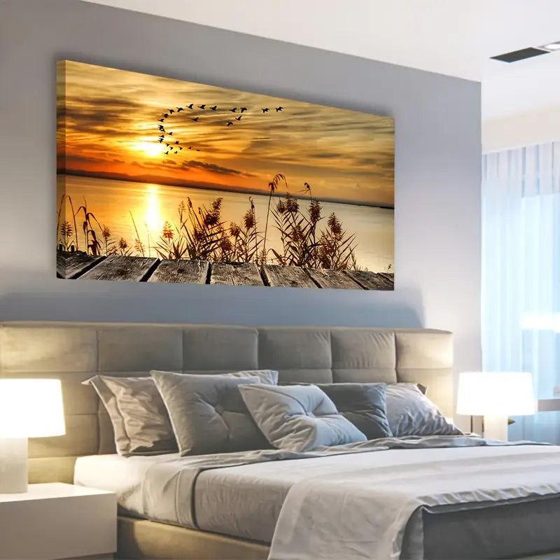 Sunset Lake Vibrant Nature Scene Wall Art canvas office home room framed 120x60cm - Bella Home Decor
