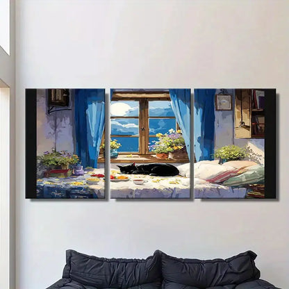 3pcs Charming Black Cat On Bed With Food & Flowers Metal Print Ready to Hang Art - Bella Home Decor